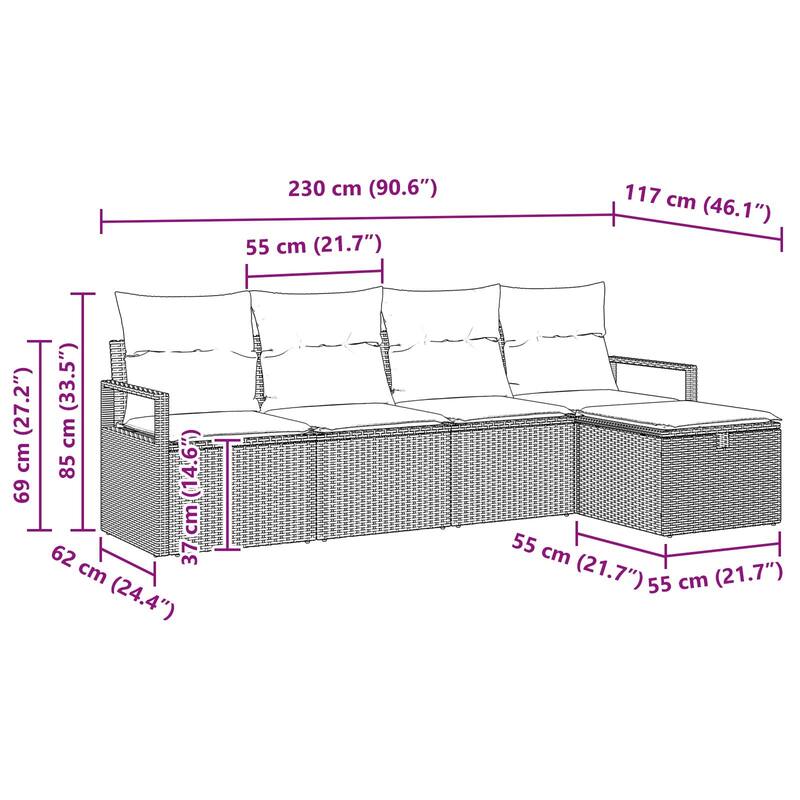 vidaXL 5/6 Garden Sofa Set with Cushions Black/Brown/Grey Poly Rattan - 90.6 x 46.1 x 27.2