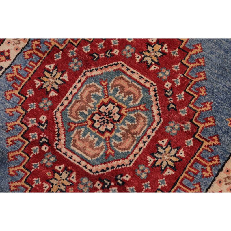 Southwestern Super Kazak Esme Light Blue/Red Hand Knotted Wool Runner - 2'5'' x 9'9''