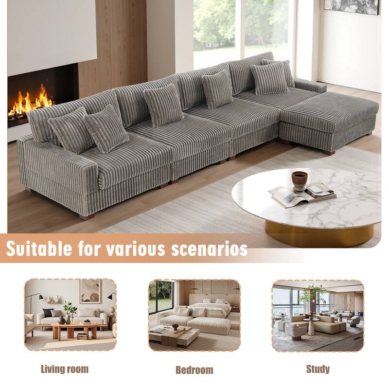 Modular Cotton Flannel Plush Sectional Sofa with Ottomans