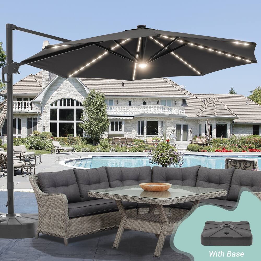 LIVOOSUN 11Ft Aluminum LED Patio Cantilever Offset Umbrella With Base
