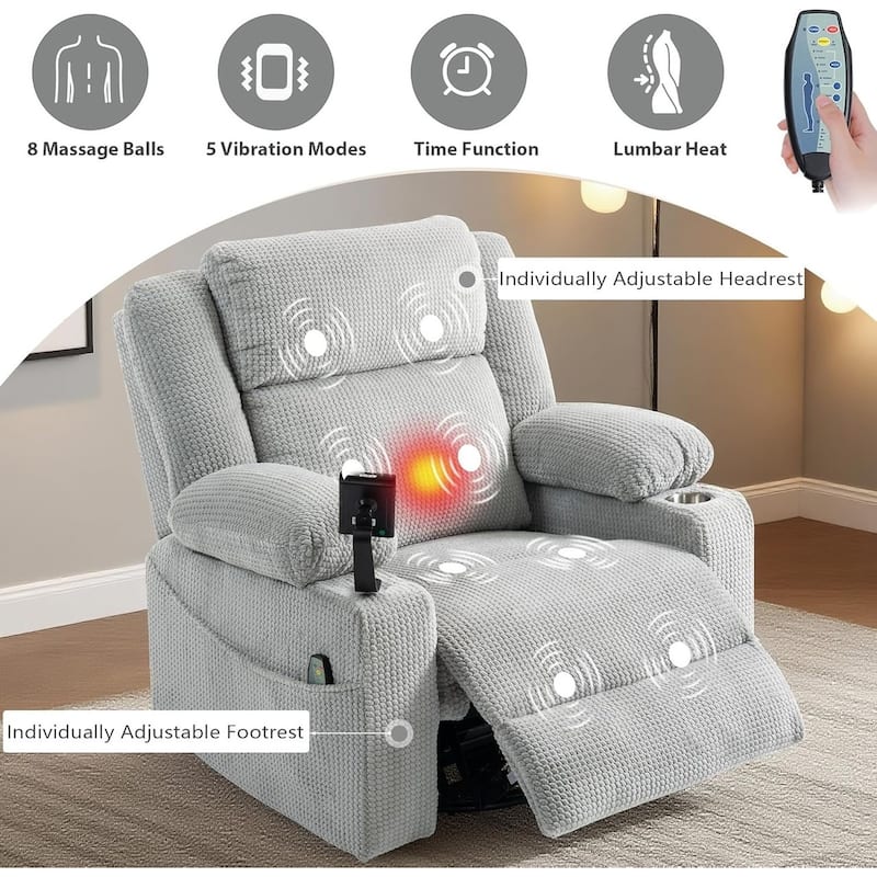 270° Swivel Velvet Recliner, Extra Wide Power Recliner Chair w/Heat Massage - USB & Type C Charging Port