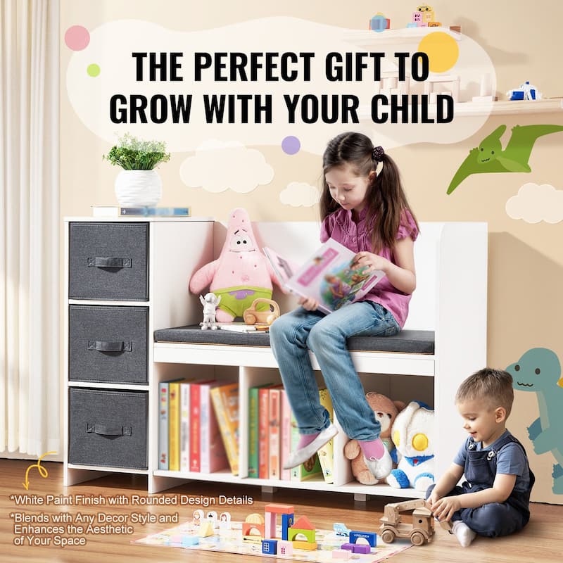 White 6 Cubby Storage Organizer Kids Reading Nook Bench with Detachable Seat Cushion and 3 Drawers - 43.11” x 15.87” x 29.92”