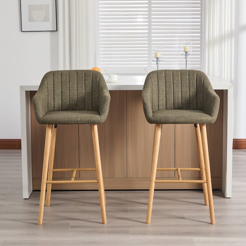 Modern Bar Stools Set of 2, Kitchen Island Tall Chairs with Back, Arm, Footrest and Solid Wood Leg, Upholstered Bar Stools