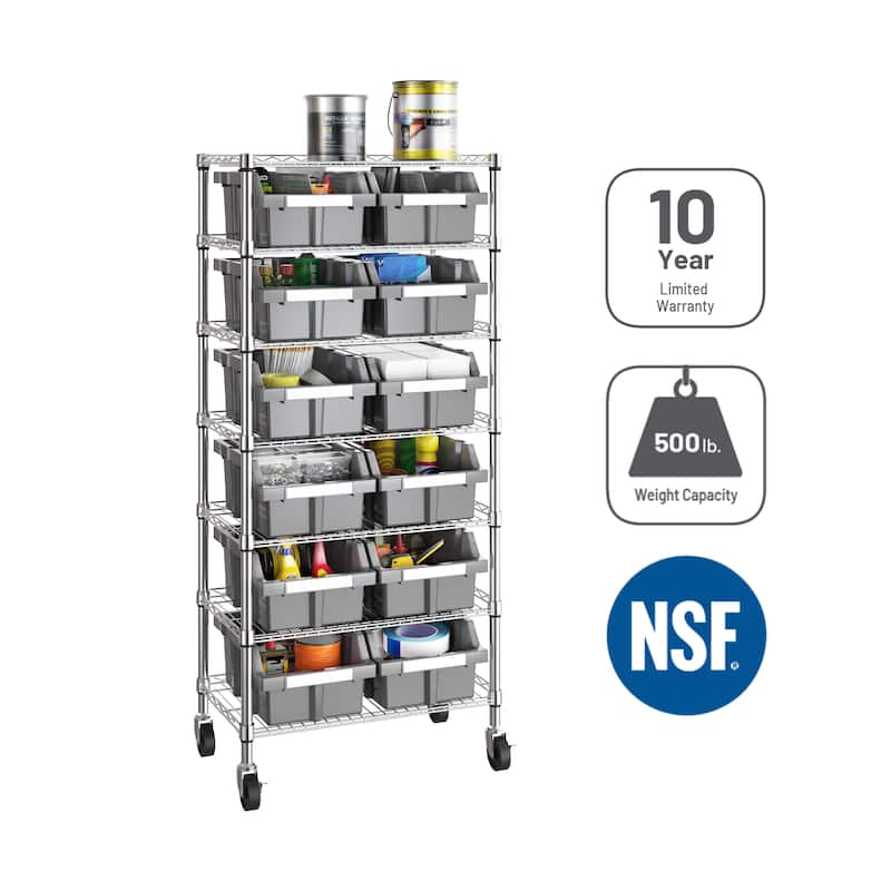 Seville Classics Commercial 7-Tier NSF 12 Bin Steel Rack Shelving Storage System, 24" W x 14.25" D x 56" H - Grey