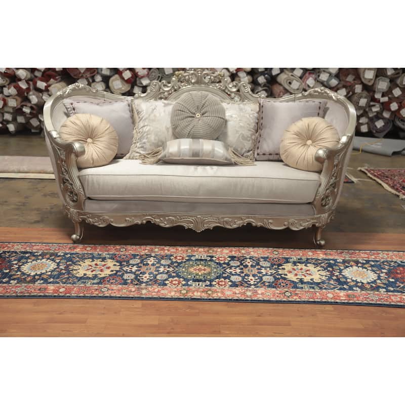 Hand Knotted Oriental 100% Wool Carpet Traditional All-Over Navy Blue & Blues Ziegler Runner Rug - 11' 6'' X 2' 6''