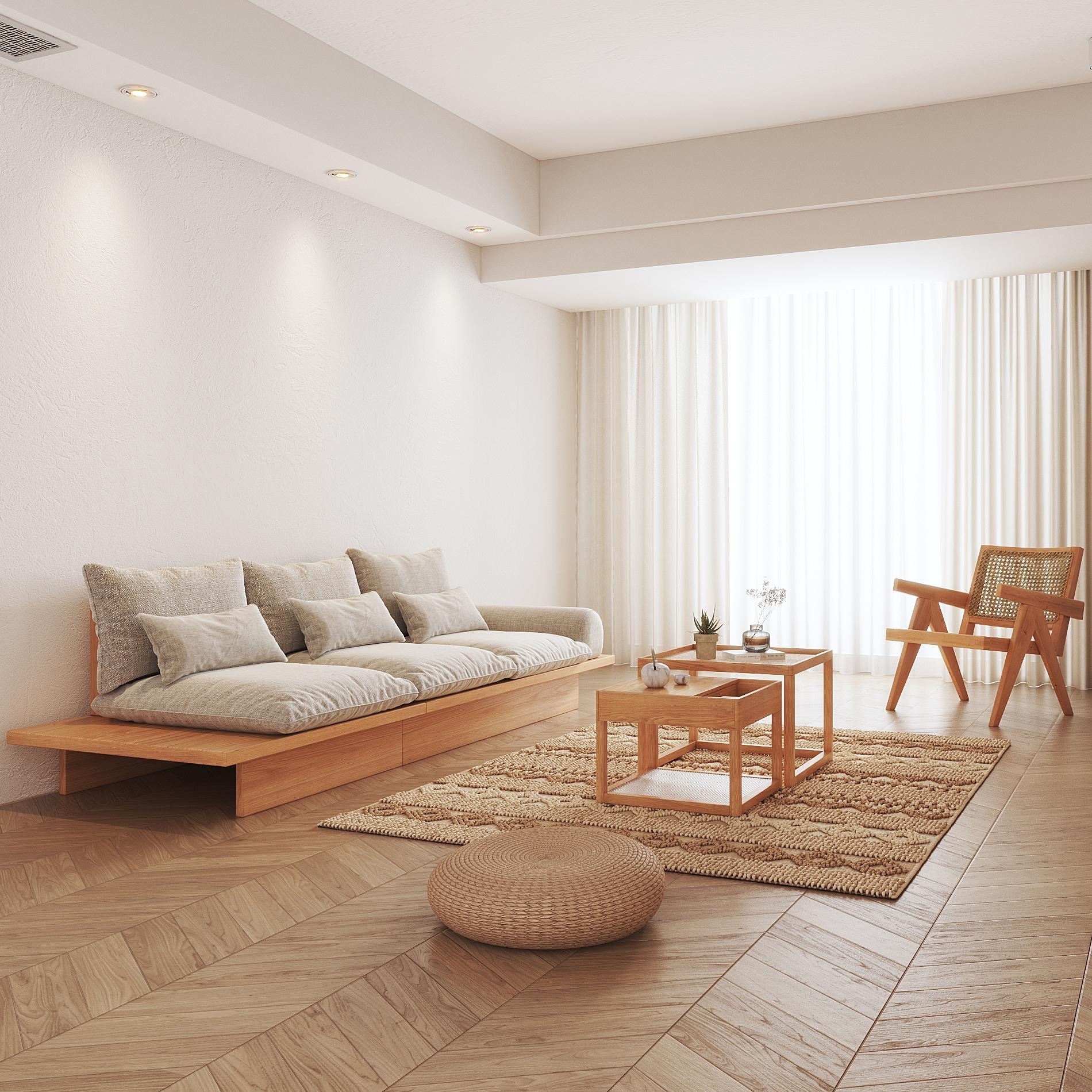 JASIWAY Beige Cotton Sofa with Wood Frame