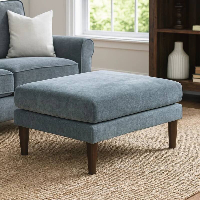 Rio 32 Inch Modular Ottoman, Box Cushion Seat, Wood Legs, Slate Blue Fabric