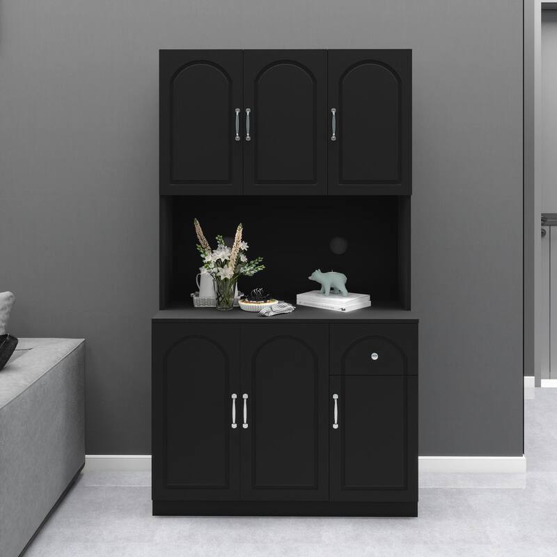 71" Kitchen Pantry Storage Cabinet with Microwave Oven Countertop,Freestanding Hutch Cabinet with Adjustable Shelves