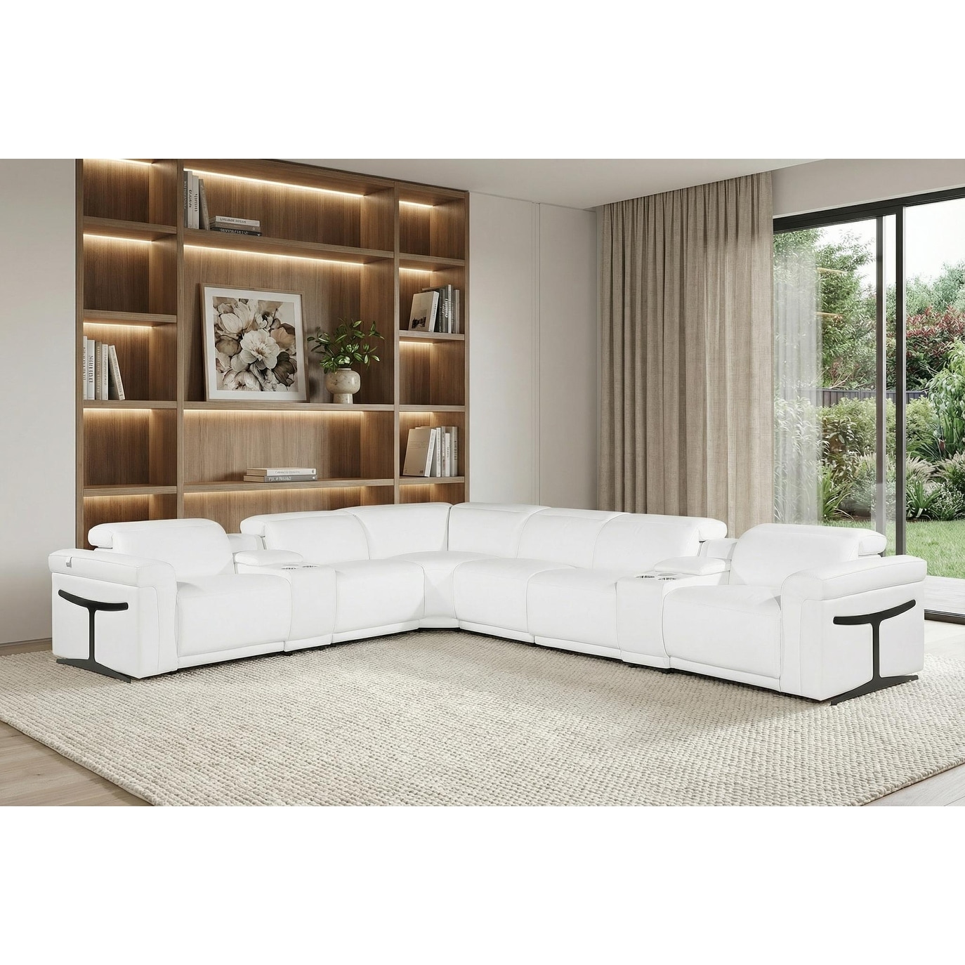 HomeRoots White Italian Leather Modular L Shaped Eight Piece Corner Sectional With Console