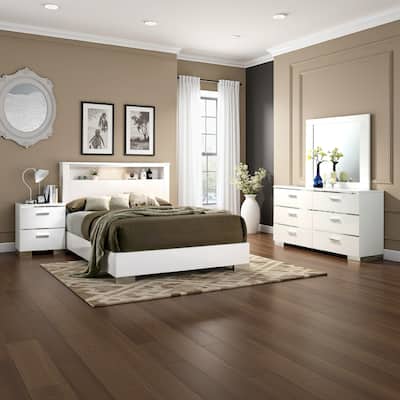 Cari Four Pc King Bedroom Set, LED Headboard with Shelf, White Wood, Chrome Stripes