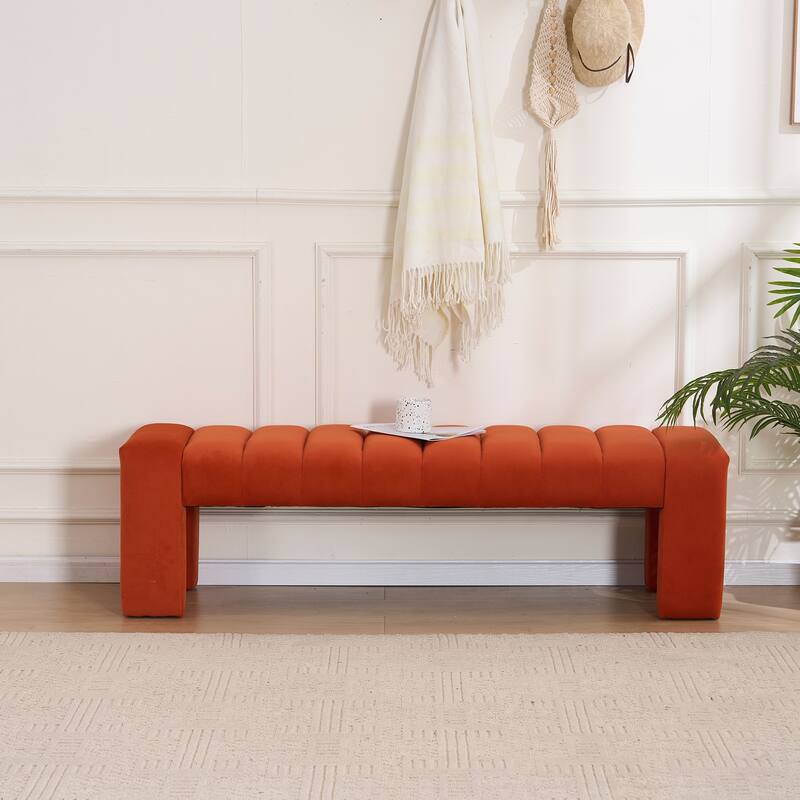 Upholstered Bedroom Bench Tufted Entryway Bench Modern End of Bed Bench Dining Bench with Gold/Black Metal Legs for Window - 59.5" Wide - Orange