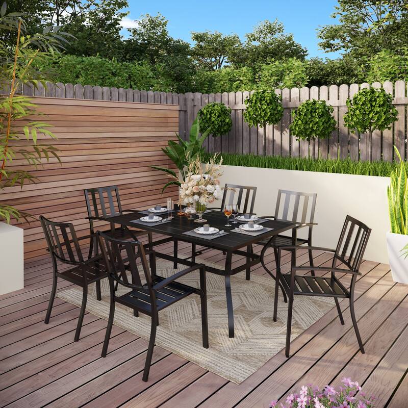 MAISON ARTS 7-piece Outdoor E-coating Metal Patio Dining Set with Stackable Chairs - Modern Chairs