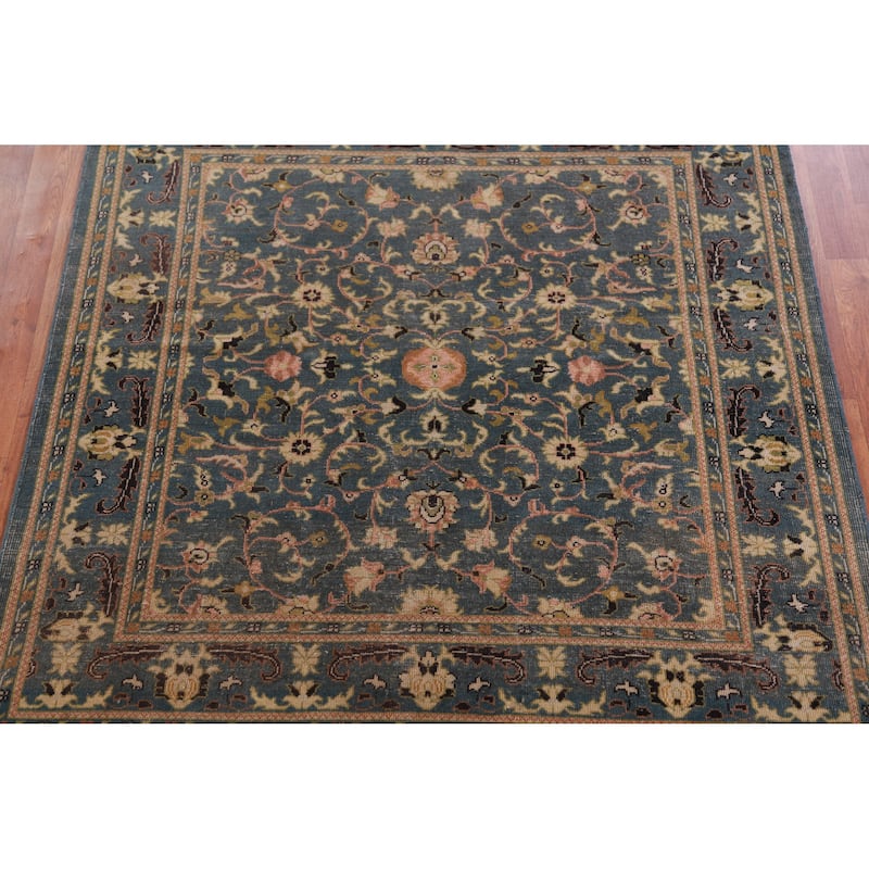 Floral Blue Oushak Vegetable Dye Square Rug Hand-Knotted Wool Carpet - 5'2" x 5'5"