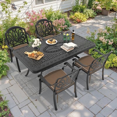 5-Piece Cast Aluminum Outdoor Dining Set with Brown Seat Cushions