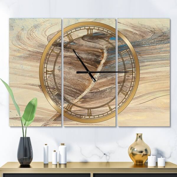 slide 2 of 6, Designart 'Feather Natural elements' Glam 3 Panels Oversized Wall CLock - 36 in. wide x 28 in. high - 3 panels