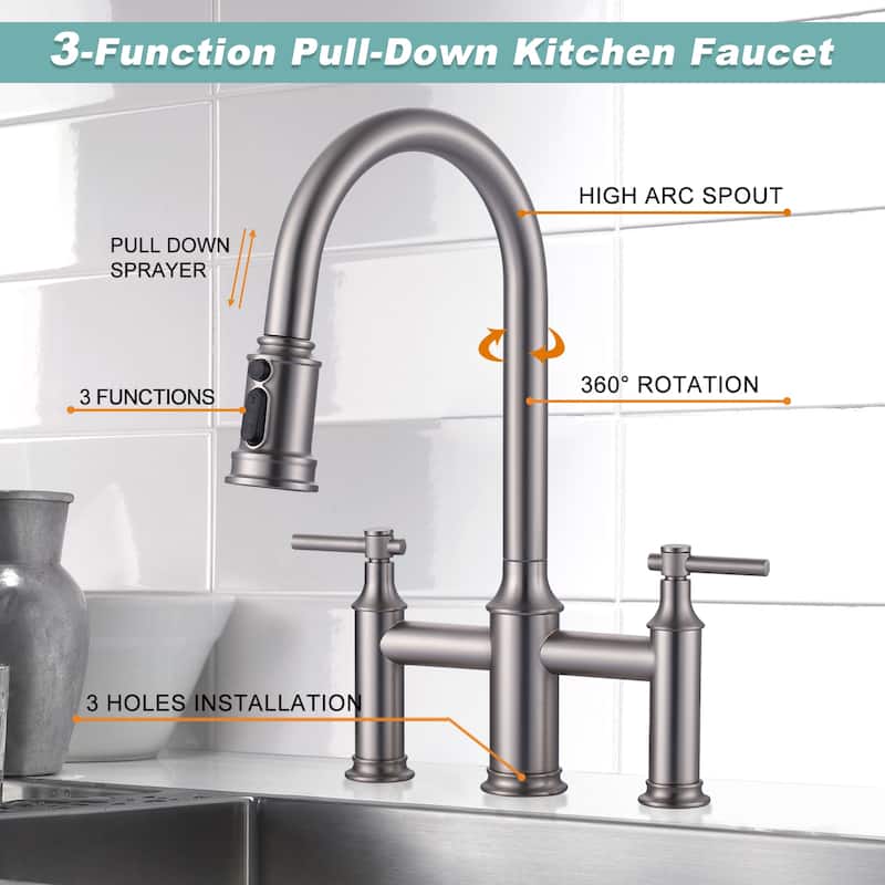 WOWOW Double Handle Pull Down Sprayer Bridge Kitchen Faucet