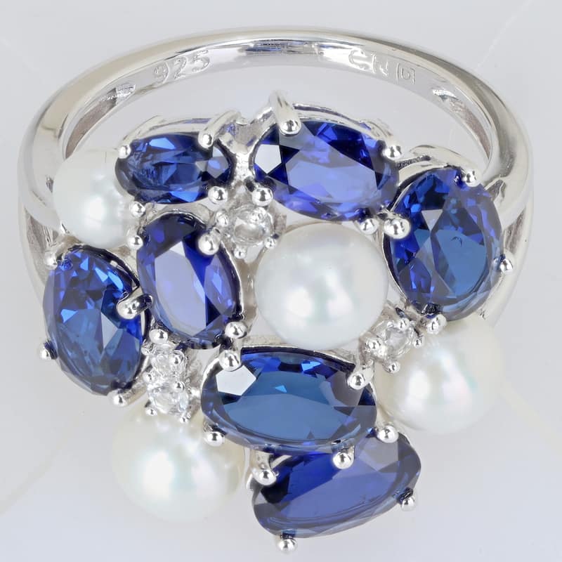 Miadora 7ct TGW Created Blue White Sapphire Cultured Freshwater Pearls Ring Sterling Silver