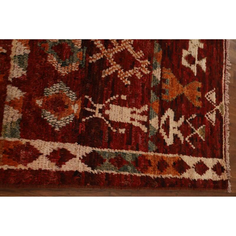 Red Tribal Geometric Moroccan Area Rug Hand-knotted Wool Carpet - 6'8" x 9'6"