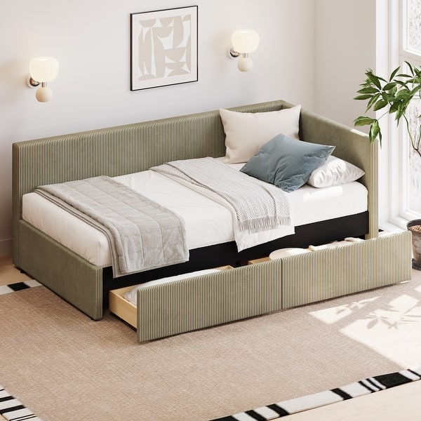 slide 2 of 7, Twin Size Upholstered Daybed with Vertical Striped Design, L Shape Corner Bed with 2 Storage Drawers Green - Twin
