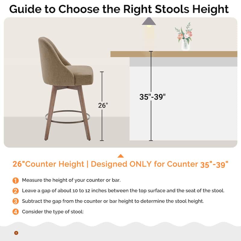 26" Counter Height Swivel Bar Stool, Upholstered Counter Stools - 39.37" (H) x 22.44" (D) x 21.65" (W)