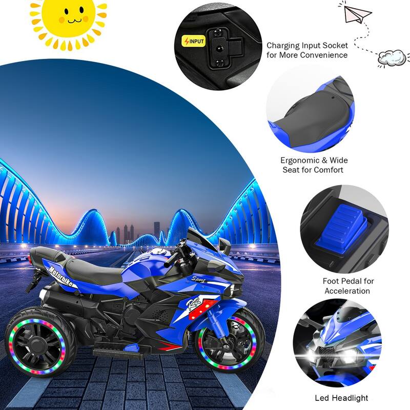 Electric Ride-On Motorcycle for Kids 3-6 Years Old, 12V, USB, MP3, LED Lights & Shock Absorbers