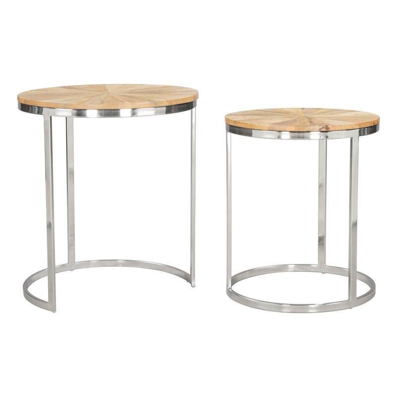 HomeRoots Set of Two Natural And Silver Solid Wood And Iron Round Frame Nested Tables - 18' X '20.5' X '18