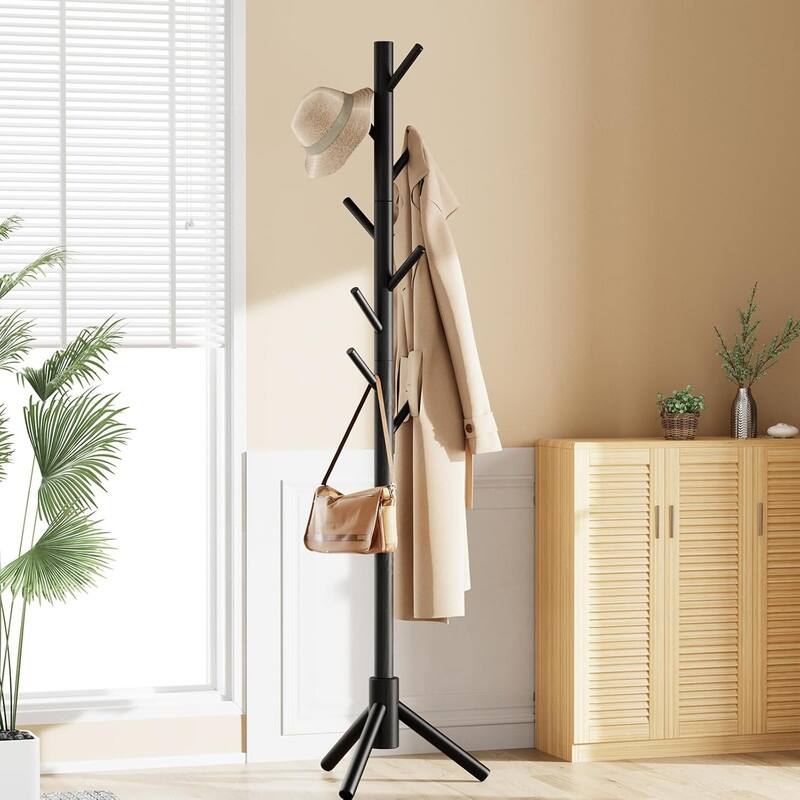 Sturdy Wooden Coat Tree with 8 Hooks, 3 Adjustable Sizes - ‎19.7"D x 19.7"W x 68.9"H - Black