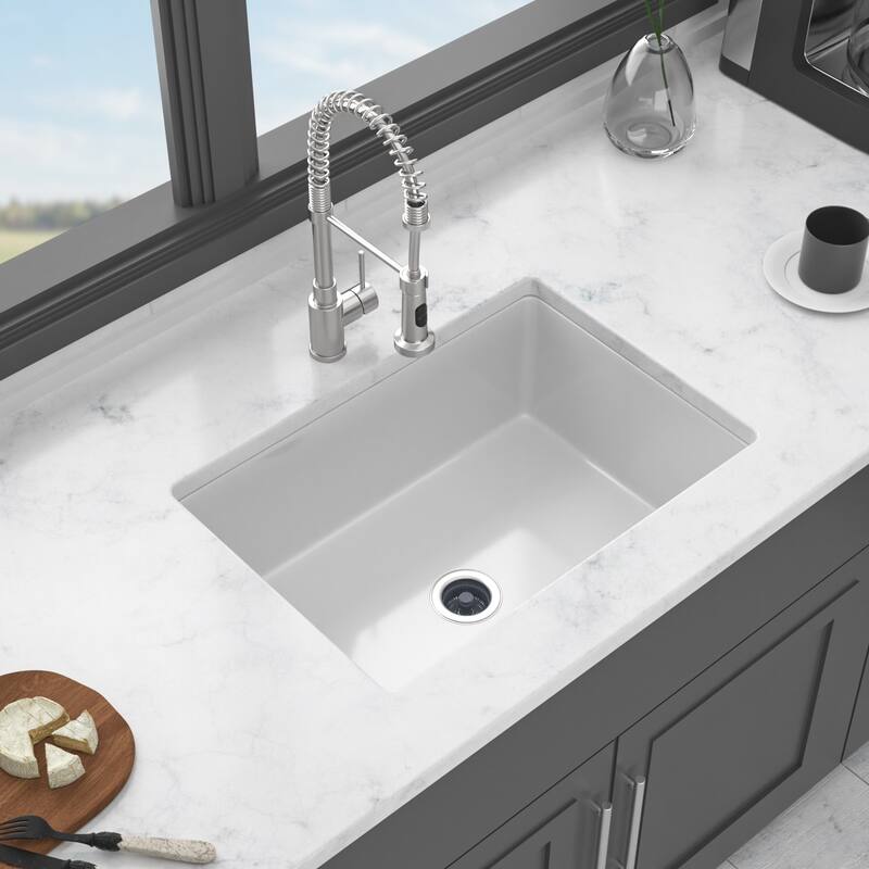 Undermount Single Bowl Fireclay Kitchen Sink - Dual Mount White Porcelain Fireclay Rectangular Deep Single Bowl Sink - White