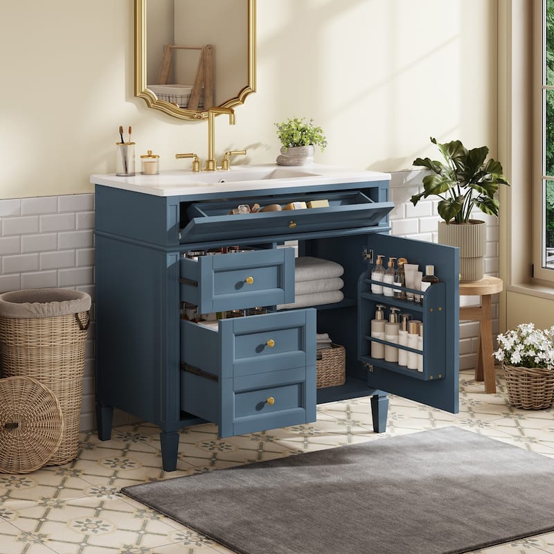 Modern Bathroom Vanity with 2 Drawers and a Tip-out Drawer - Indigo Blue
