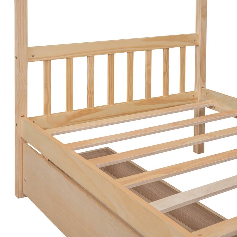 Twin Size Wooden House Bed with Drawers, Kids House-Shaped Daybed with Roof and Storage, Pinewood Frame, No Box Spring Needed