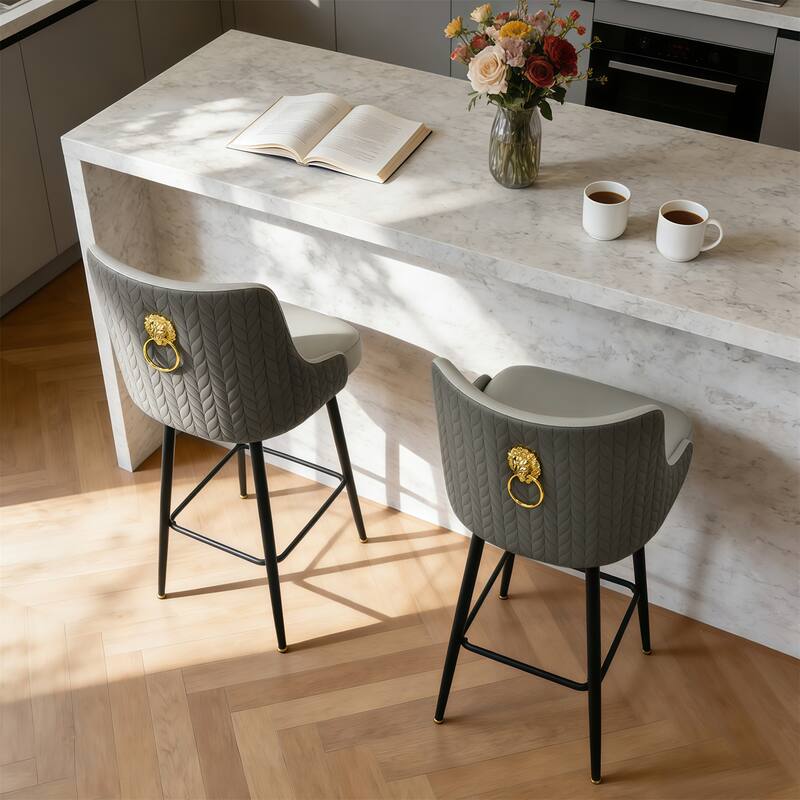 360 Swivel Upholstered Counter Height Bar Stools Kitchen Island Breakfast Chairs with Lion Head Pull Ring Footrest