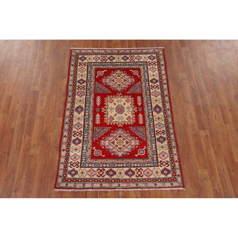 Red Geometric Kazak Accent Rug Hand-Knotted Wool Carpet - 3'4" x 4'11"
