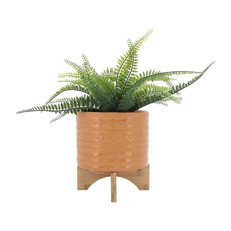 Sagebrook Home Tribal Ceramic Planter Pot with Natural Wood Stand