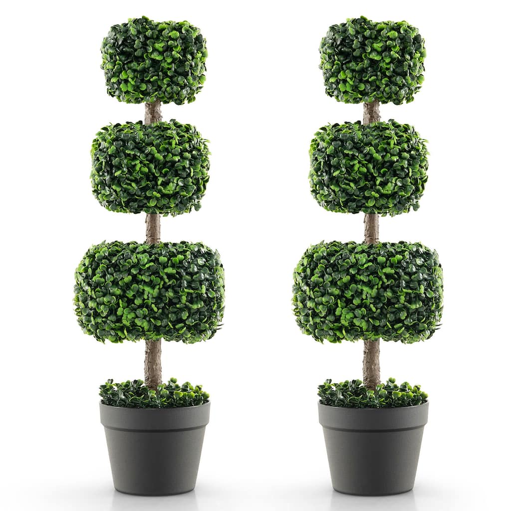 Gymax 2 PCS 35'' Artificial Boxwood Topiary Tree Faux Greenery Plant