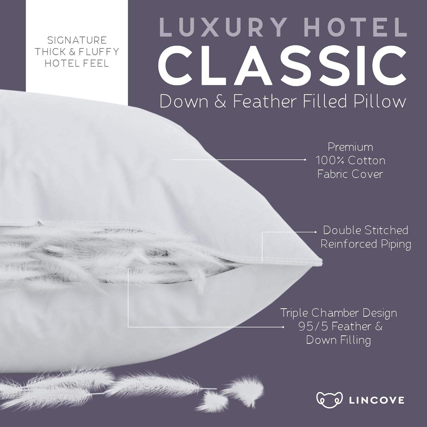 Lincove Luxury Hotel Collection Bed Pillows for Sleeping with Premium 600 Count Cotton Shell Medium Standard Single