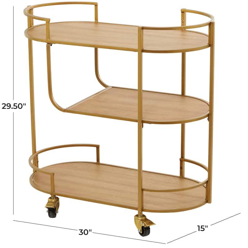 Wood Rolling 3 Shelves Bar Cart with Handles - Gold - Roche River Decor - 15"W x 30"L x 30"H