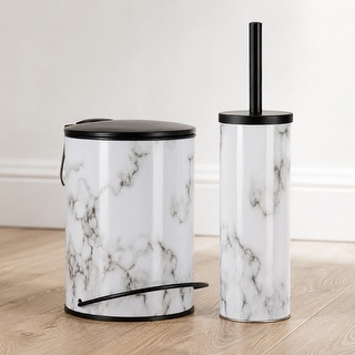 Carrara Noir 2 Piece Bathroom Set, Trash Can 3 Liter and Slim Toilet Brush Holder, Black and White Marble, Matte Accents