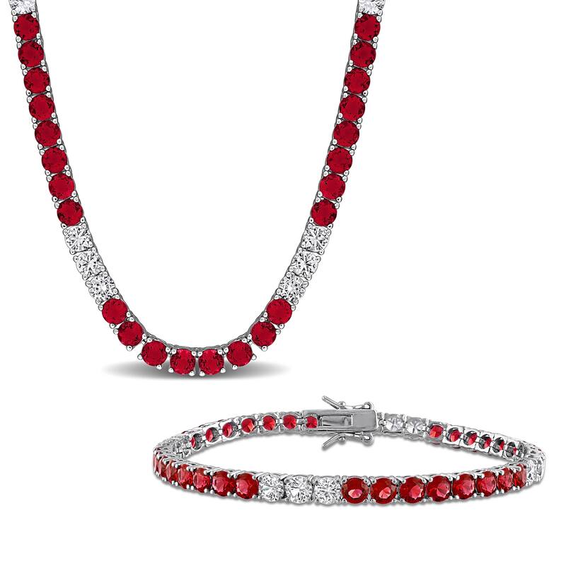 Miadora Sterling Silver Gemstone Tennis Bracelet and Necklace Set - Red