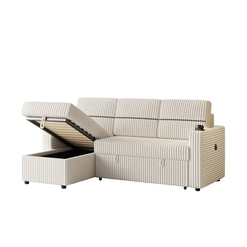 Pull-Out Sofa Bed with Storage Chaise, USB Port, and Cup Holders - 3-Seater Sleeper Couch
