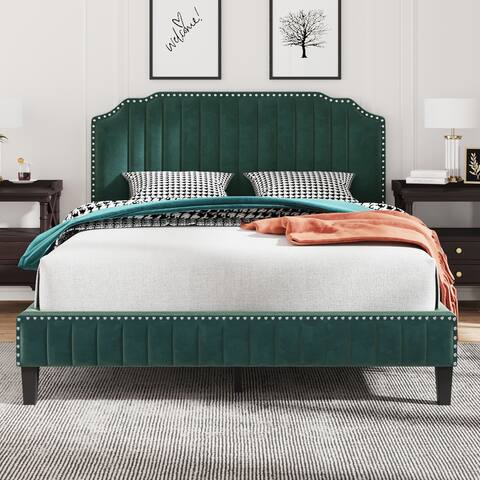 Queen Size Modern Velvet Curved Upholstered Platform Bed, Solid Wood Frame, Solid Wood Slat Support, Nailhead Trim, Green Life