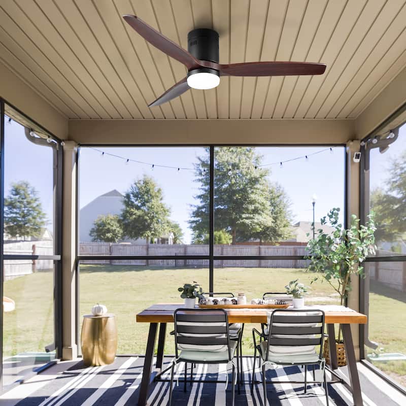 YUHAO SylvanAir Modern 52 in. Flush Mount Outdoor/Indoor Ceiling Fan with 3 Solid Wood Blades and DC Reversible Motor