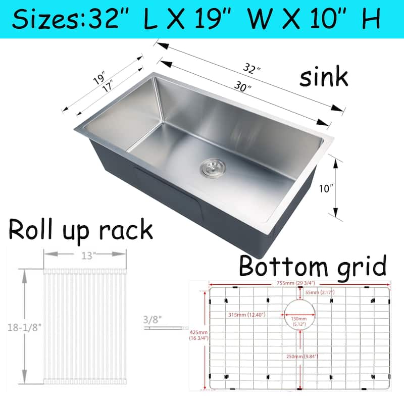 CB HOME 32'' Undermount Kitchen Sink,Drop in Single Bowl Stainless Steel Sink with Basket Strainer&Bottom Grid&Roll Up Dish Rack