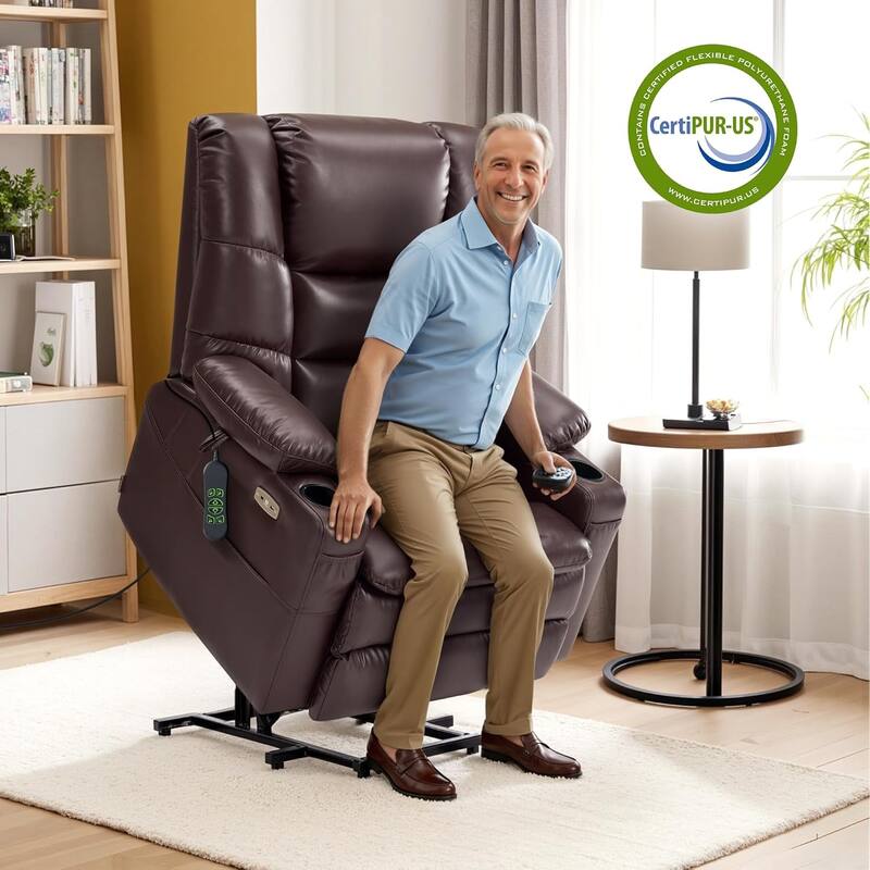 MCombo Large-Wide Dual Motor Power Lift Recliner with Massage and Dual Heating for Big and Tall Elderly, Faux Leather R7635 - Dark Brown