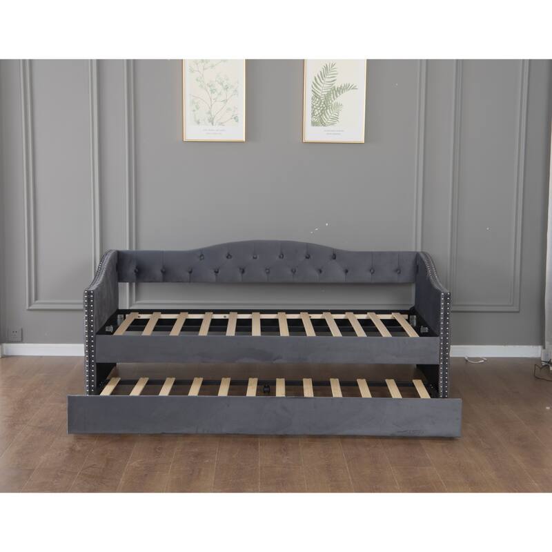 Twin Size Upholstered Daybed with Trundle, USB Charging, Wood Slat Support & Plush Velvet Fabric - Gray