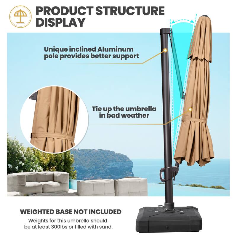 10 FT x 13 FT Outdoor Luxury Solar LED Patio Cantilever Umbrella With Base