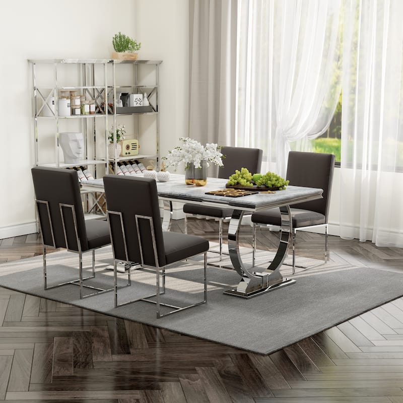 White and Gold Dining Room Table Set with 72 inch Table and White PU Leather Dining Chairs