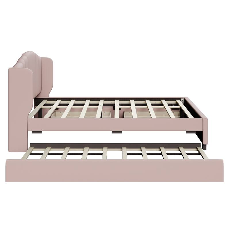Queen Size Upholstered Bed Frame with Wingback Headboard Trundle and 2 Drawers, Center Support Legs Platform Bed Frame