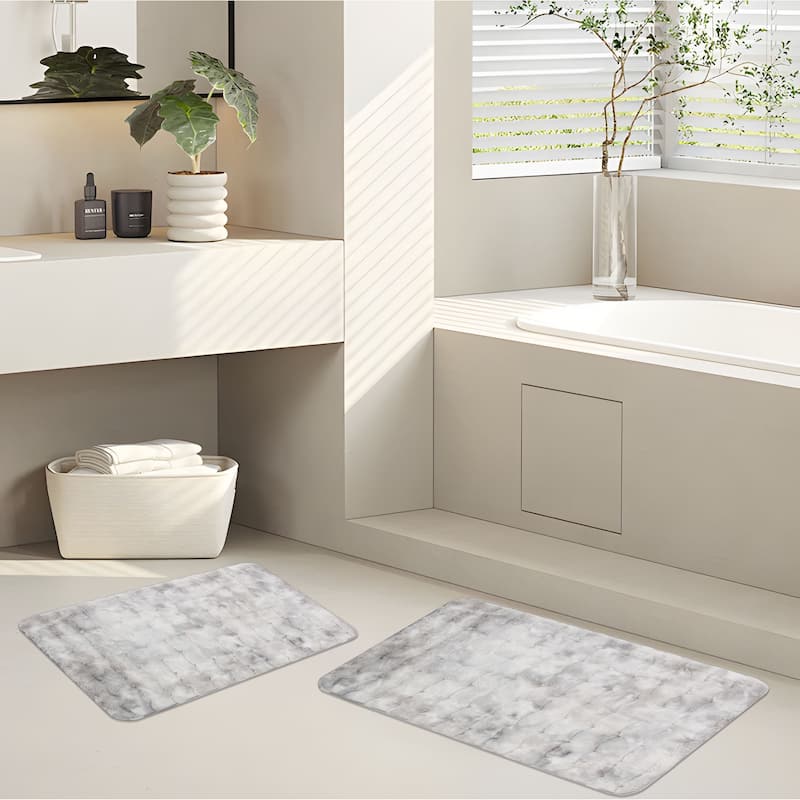 Green 2 Piece Striped Textured Ultra Soft Faux Fake Fur Rabbit Non-Slip Absorbent Bathroom Bath Mat Set - Grey