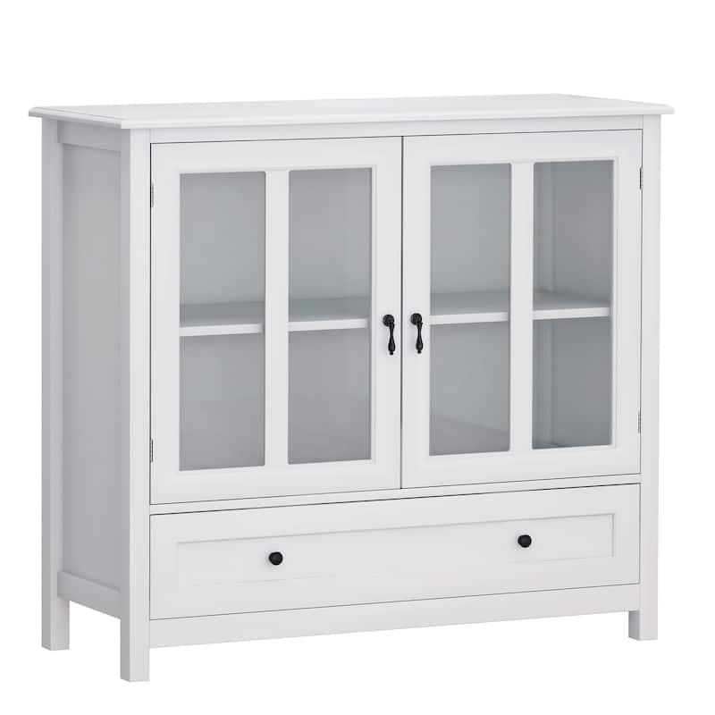 Wood Double Glass Door Accent Cabinet with Drawer