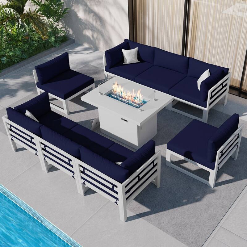 FINCATI 9-piece Extra-large Luxury Aluminum Patio Furniture Set with Deep Seating and Convertible 43'' Fire Pit Table - Navy Blue